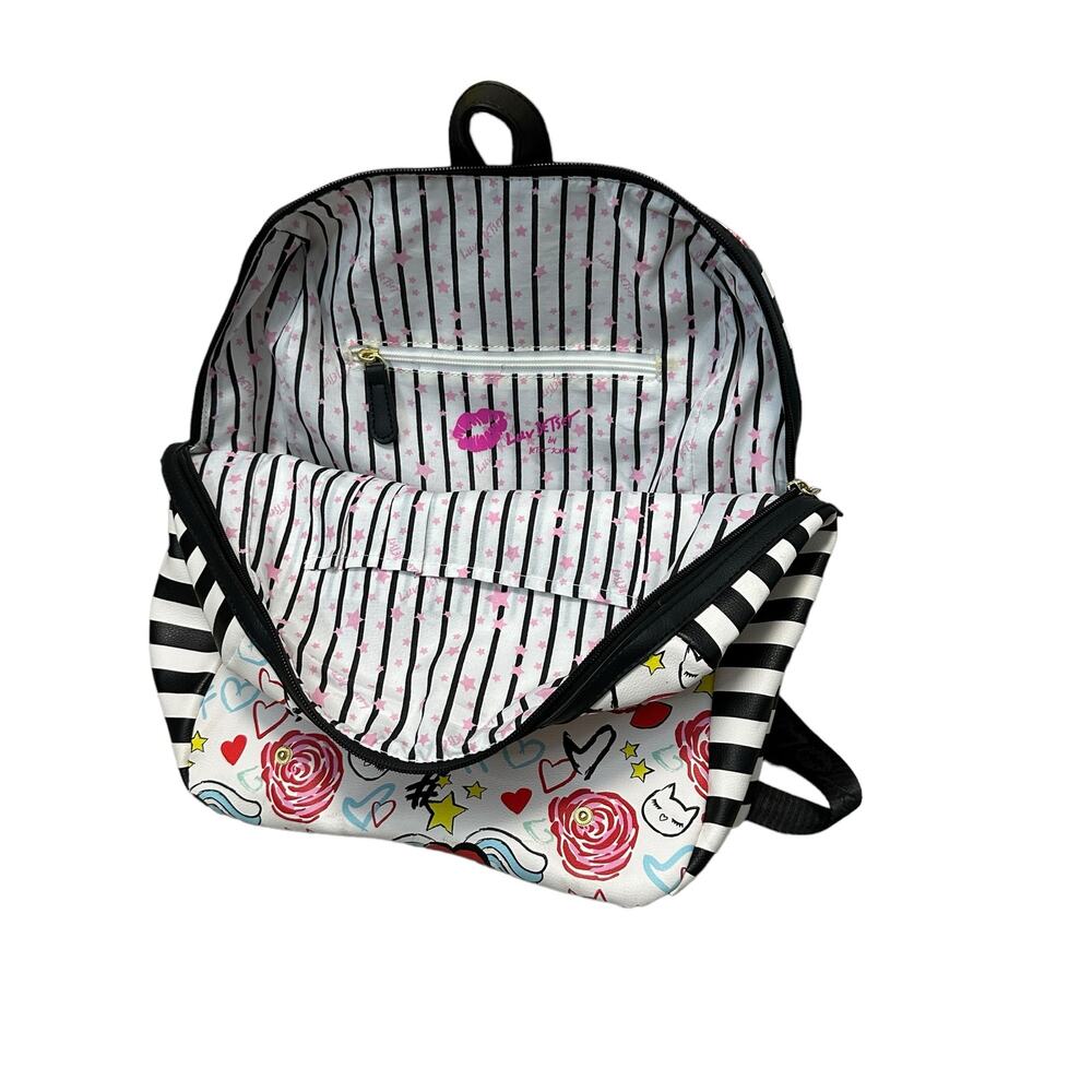 Betsey Johnson Luv Betsey White and Pink Black Striped Backpack - Picture 4 of 5